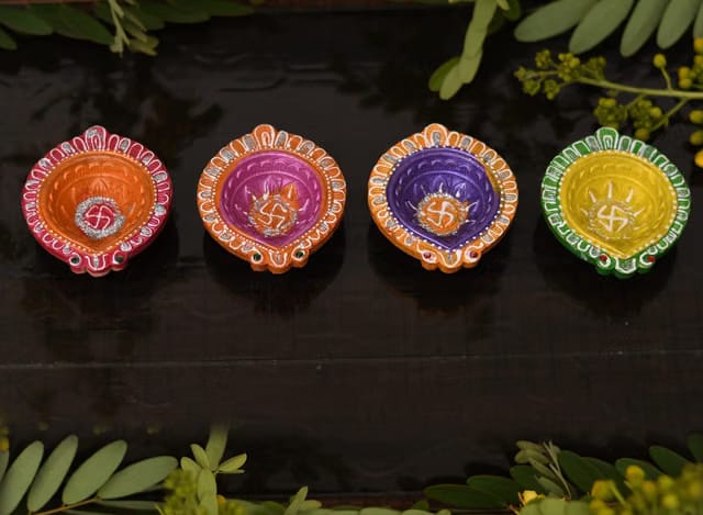 Collectible India Clay Diyas Diya Deepak Colorful Set Earthen Diwali Decoration Puja