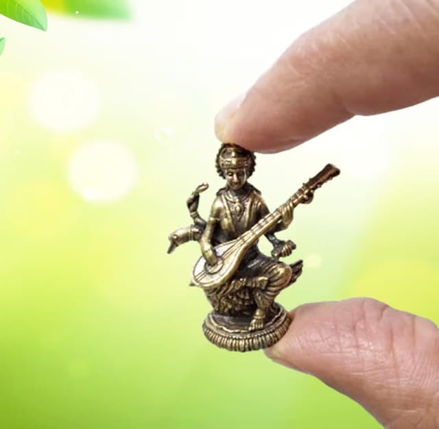 Rare Miniature Brass Idol Saraswati (Saraswathi), Hindu Goddess of Knowledge