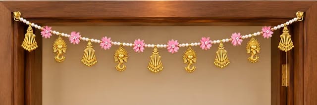 Pearl Beaded Toran for Main Door, Pink Flower & Golden Jhumka Bandhanwar, 3 Feet Decorative Door Hanging for Home Decor