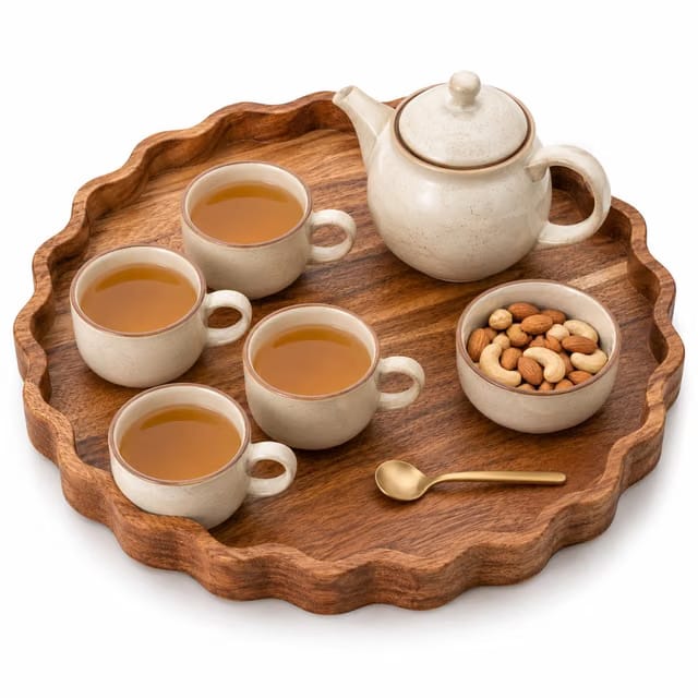 BAUZINI Round Wooden Serving Tray, 11 Inch Acacia Wood Decorative Platter, Handmade Wooden Tray for Tea, Coffee Table