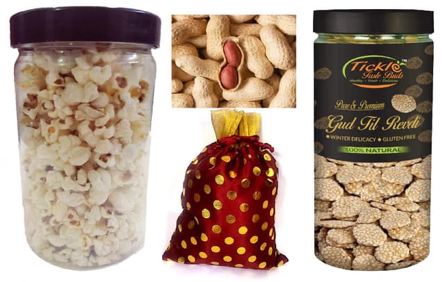 Lohri Lohi Gift Pack - Popcorn Jar, Rewri Jar & Moongfali Potli Special Pack with Personal Message