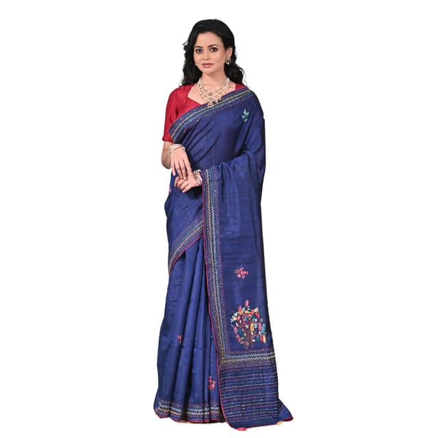 Hand-Embroidered Navy Blue Semi Tussar (Silk Blend) Saree