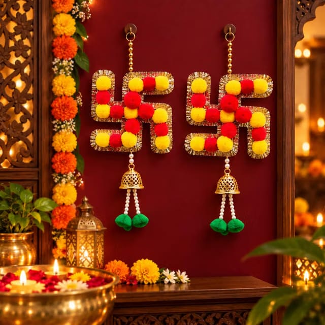 Set of 2 Decorative Swastik Wall Hanging (Multi, 16 Inch) with Pom Pom & Bells
