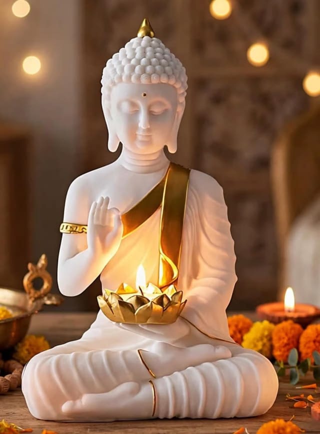 SN Handicrafts Decorative Buddha Statue with T-Light Lotus candel, White and Gold