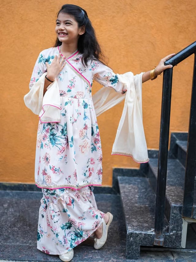 Girls Floral Printed Angrakha Kurta With Sharara & Dupatta