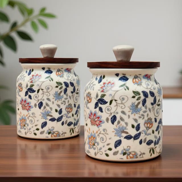 'Blue Bloom' 1 Piece Airtight 420ml Ceramic Jar for Kitchen Storage