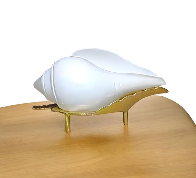 Decorative Religious White Shankh with Brass Stand, 10 cm Non-Blowing Conch Shell with 11 cm Pure Brass Stand for Hindu