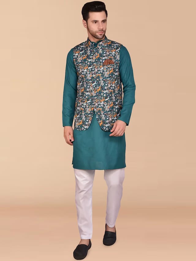 PRINTINDIA Mandarin Collar Pure Cotton Straight Kurta with Trousers & Nehru Jacket