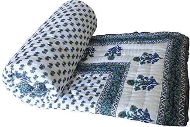 SVT Traditional Famous Jaipuri Beautiful Floral Print In White And Blue Jaipuri Rajai/Razai/Quilt Single/Single Bed