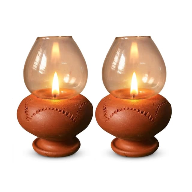 Karthika Heritage Decor Handmade Terracotta Clay Diyas with Glass Lid , Traditional Oil Lamps for Diwali