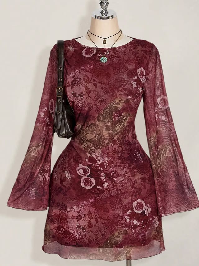 Women's Plus Size Vintage Floral Print Sheer Bell Sleeve Bodycon Dress