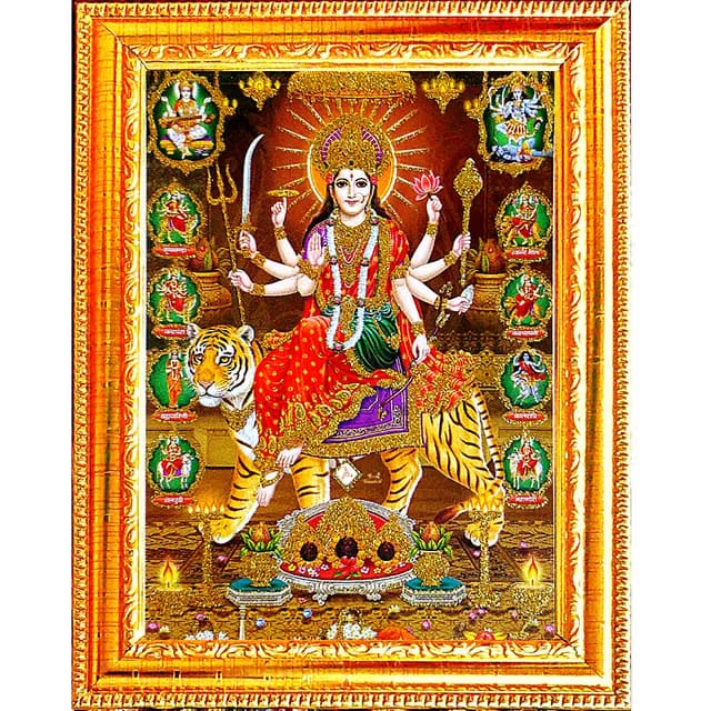 Durga Maa Religious Photo with Frame- 7 x 5 Inch-Gold