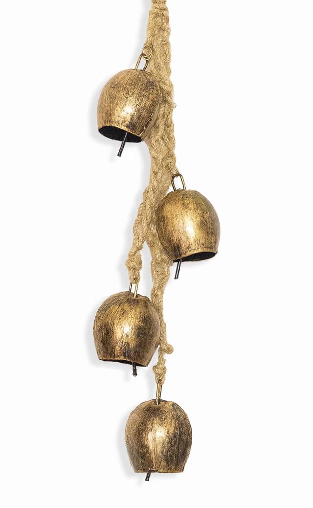 ® Iron Handcrafted 4 Bells Cluster On Jute Rope Swiss Vintage Lucky Cow Bells On Rope Wall Hanging Décor