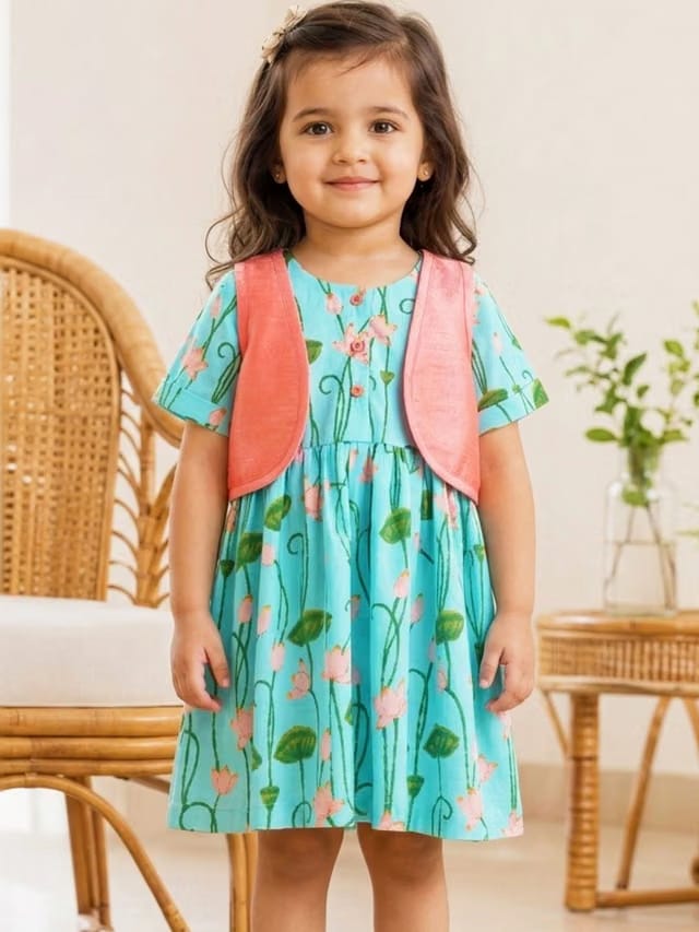 Campana Girls Printed Pure Cotton Round Neck Fit & Flare Knee Length Dress