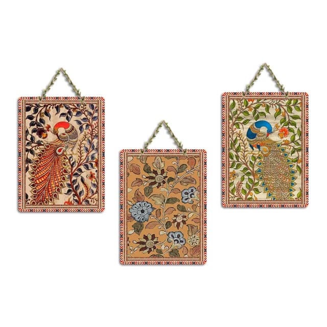 Indian Art Set Peacock Floral Design Decorative Panels Handmade Kalamkari Wooden Hanging Paintings Living Room