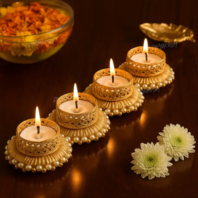 Divyakosh Metal Tea Light Candle Holder Set of 4 Pcs, Deepawali Tlight for Decoration, Diya for Home Decor