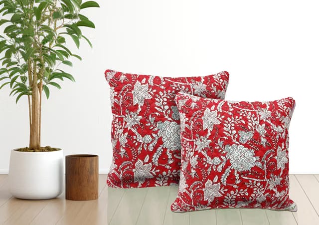 Doraya Cotton Quilted Jaipuri Hand Block Printed Reversible Cushion Cover with Hidden Zipper for Sofa, Couch
