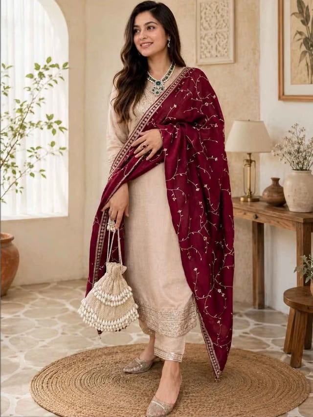 Women Ethnic Motifs Embroidered Regular Thread Work Chanderi Silk Kurta with Trousers & With Dupatta