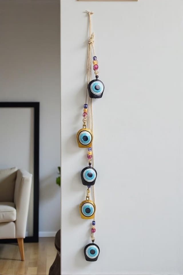 Hand-Painted Evil Eye 5 Bells Toran for Main Door Entrance & Living Room Wall Decor