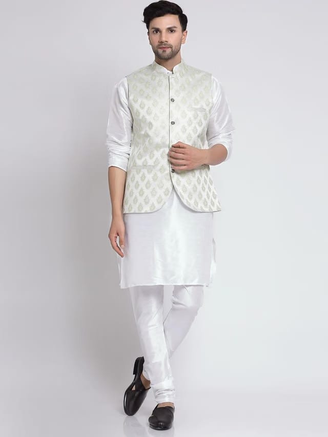 Men Solid Kurta with Churidar & Nehru Jacket