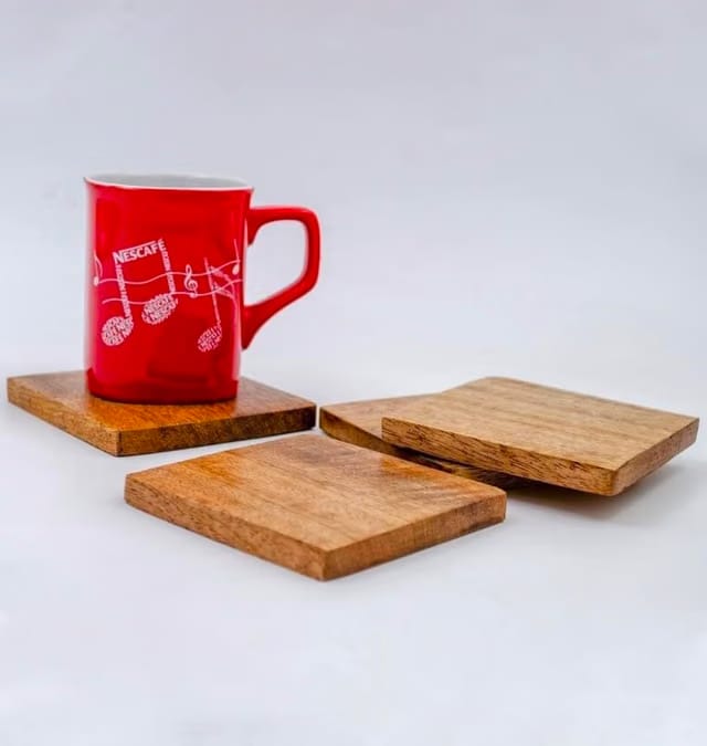 IThree Rajasthani Sheesham Wood Handcrafted Tea Coaster Set of 4 for Home Wooden Square Coaster (Brown)