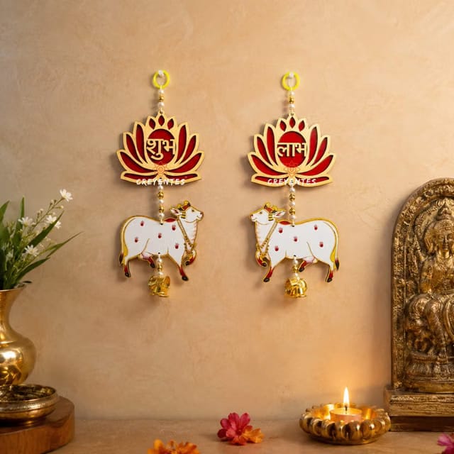 Handmade Red Shubh Labh Lotus Wall Hanging with Pichwai Cow, MDF, Diwali Ganesh Chaturthi Door Decoration