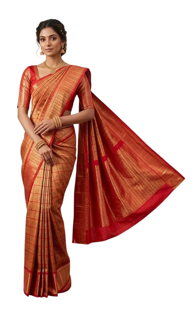 Kunbi Silk Saree Red & Gold Checked Woven Sari with Wide Zari Border & Unstitched Blouse Piece