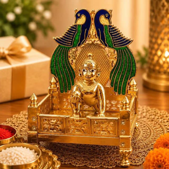CHHARIYA CRAFTS Metal Krishna Idol Statue Laddu Gopal with Singhasan Palana Decorative Showpiece for Janmashtami Home