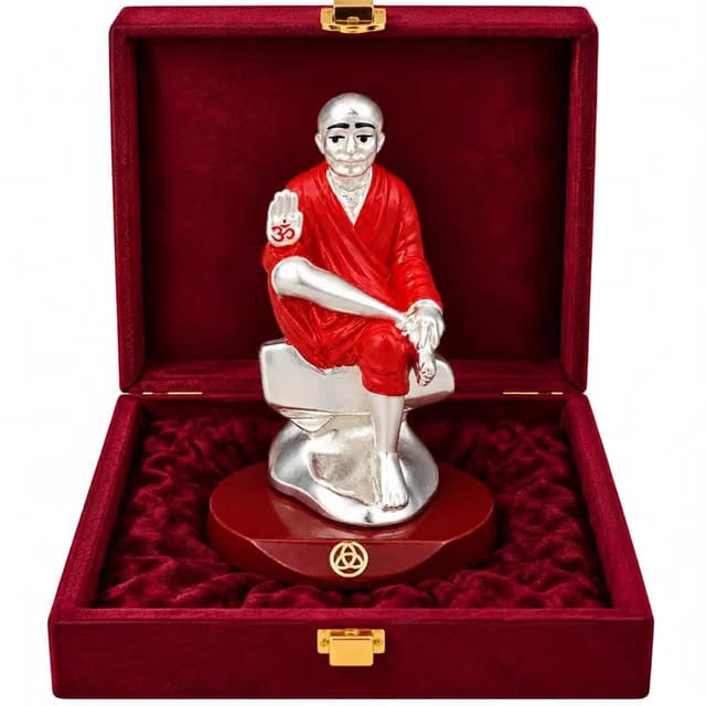 Premium Sai Baba Idol with Silver-Tone Finish & Red Accents
