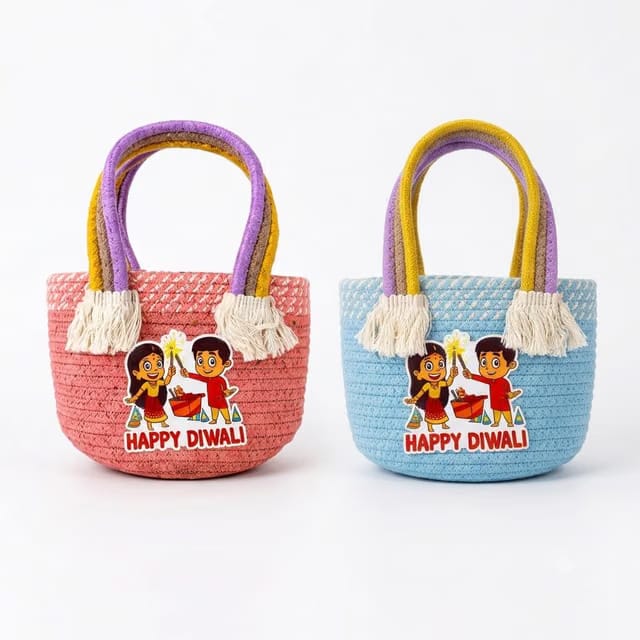 Reusable Jute Tote Bags with Rope Handles, Set of 2, Random Colour, for Shopping, Return Gifts and Festive Presents