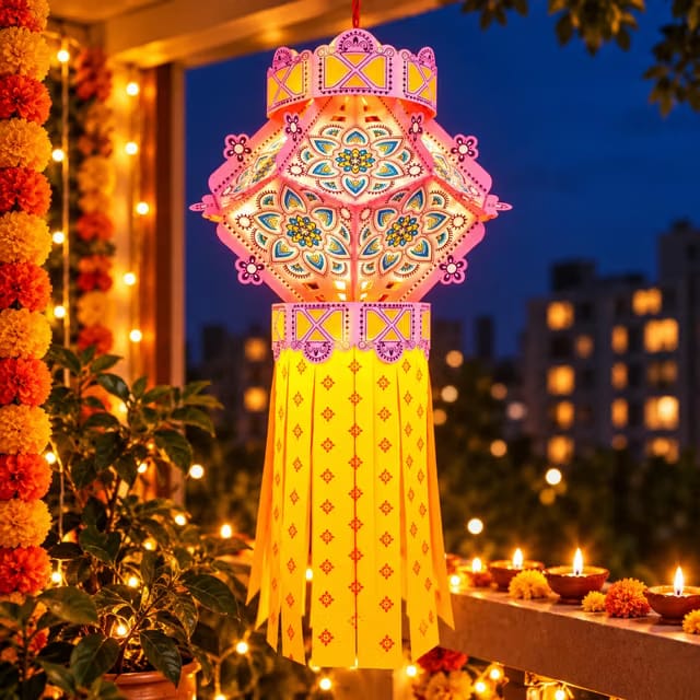 Jamunaji & Sons Diwali Kandil, 25.5 x 13 Inch Multicolor Paper Foldable Hanging Lantern with Tassels