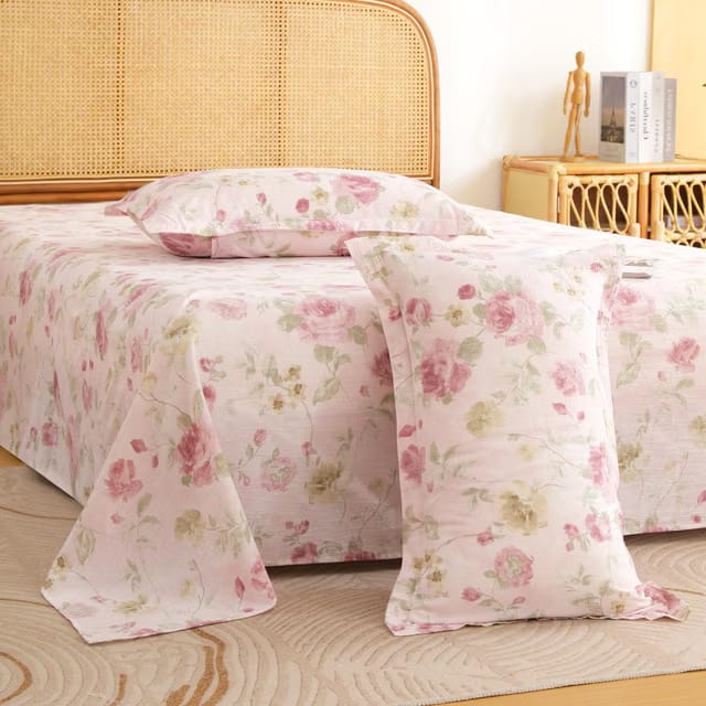 240 TC Air Cotton King Size Bedsheet, Pink & Green, 270 x 250 cm