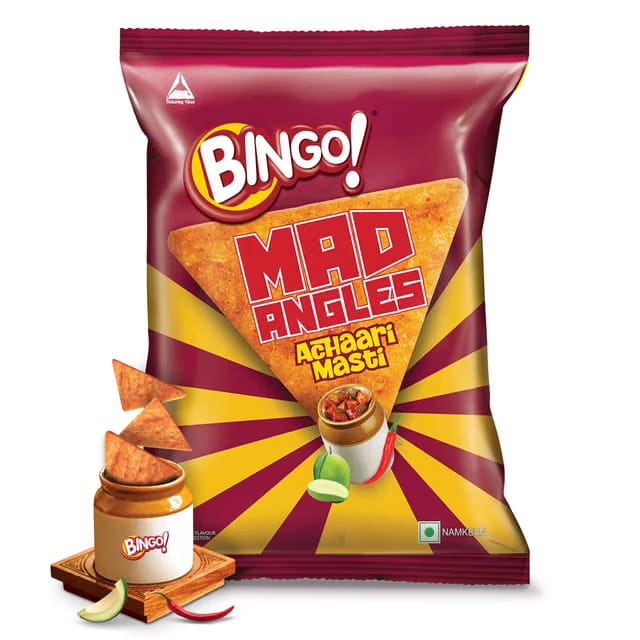 Bingo! Mad Angles Achaari Masti – Desi Mango Pickle Flavour Crunchy Triangle Chips | Tasty Snack for Any Time Cravings