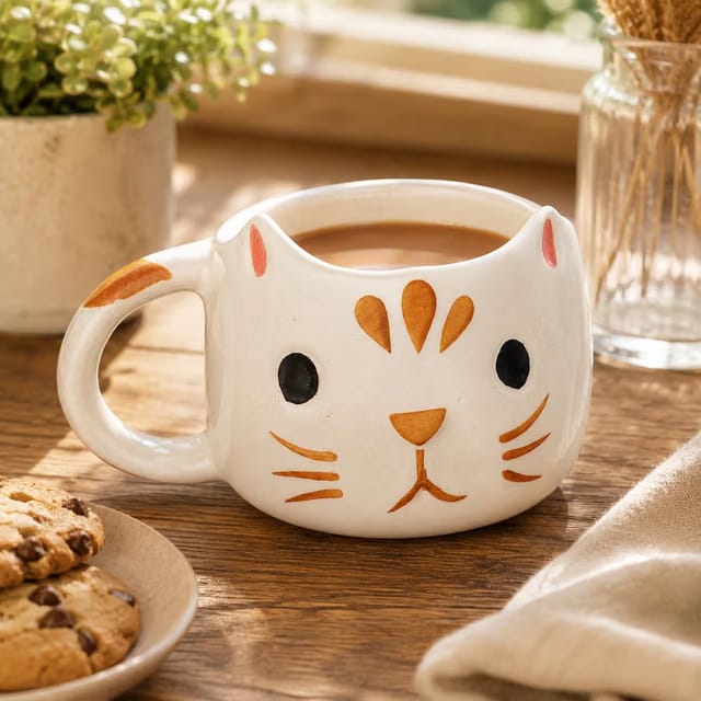 Cat Face Ceramic Coffee Mug Hand-Painted Kitten Cup