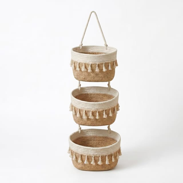 Loom & Luster Handwoven 3-Tier Jute Cotton Hanging Basket with Tassels, White & Beige, Oval, 10x3x5 Inch