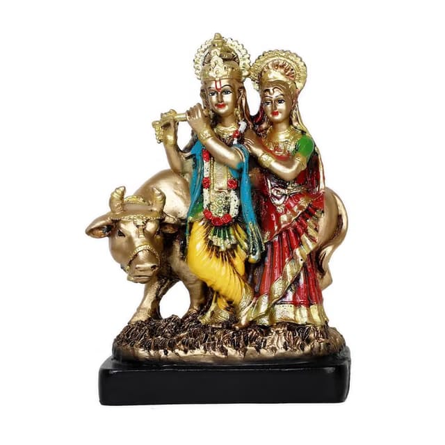 Antique Gold Finish Polyresin Radha Krishna with Kamdhenu Cow Idol Statue for Home Mandir Pooja Room 10 Inch