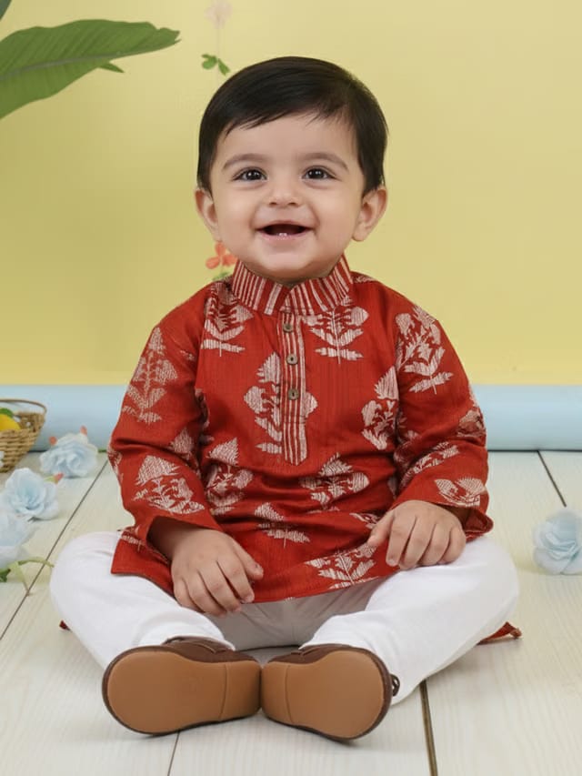 Boys Printed Pure Cotton Mandarin Collar Straight Kurta & Pyjamas