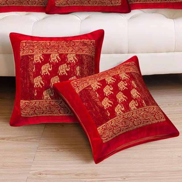 Cushion Cover Set of 2 Jaipuri Traditional Elephant Embroidery Work Pure Silk Red Color Decorative Pillow/Cushion Cover