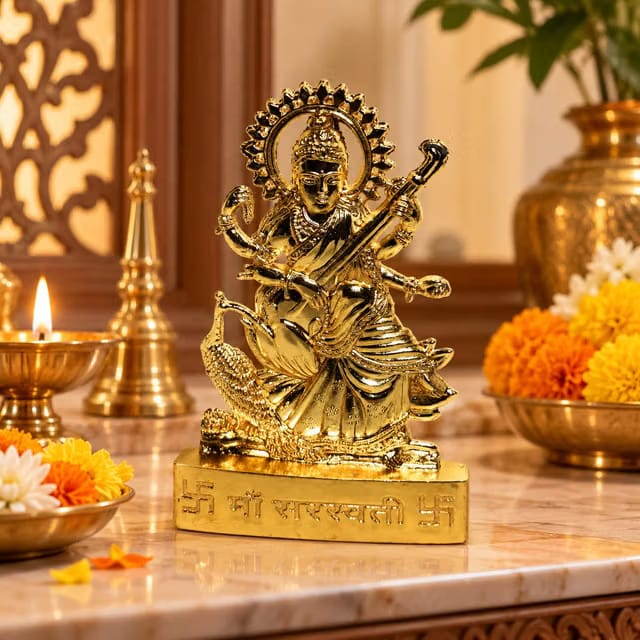 Amishi Handicraft Small maa Saraswati Vidya Devi Idol Metal Gold Plated Saraswati MATA Statues for Car Dashboard Mandir