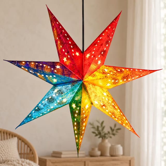 BRAHMZ 7 Point Star Paper Lantern 45 cm, Diwali Hanging Kandil, Multicolor