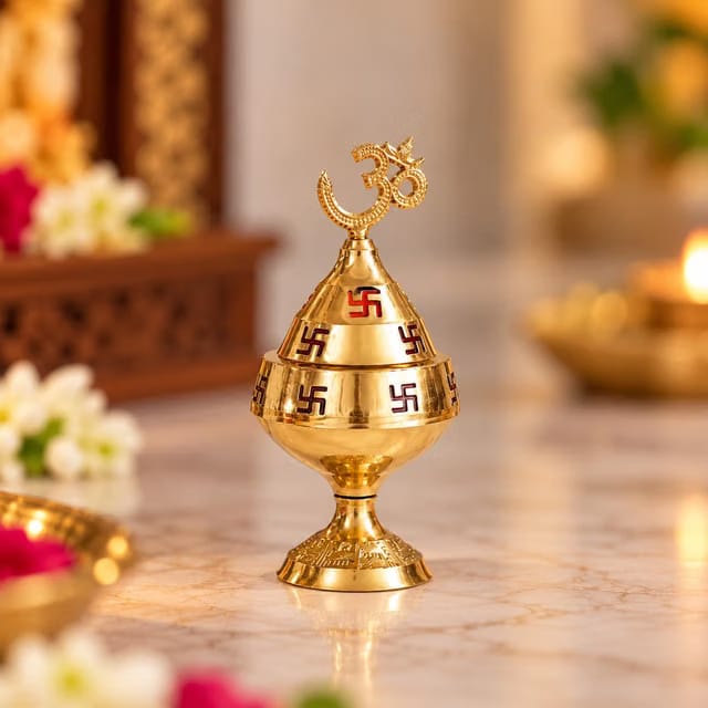 eCraftIndia Golden Om and Swastik Symbol Decorative Brass Diya
