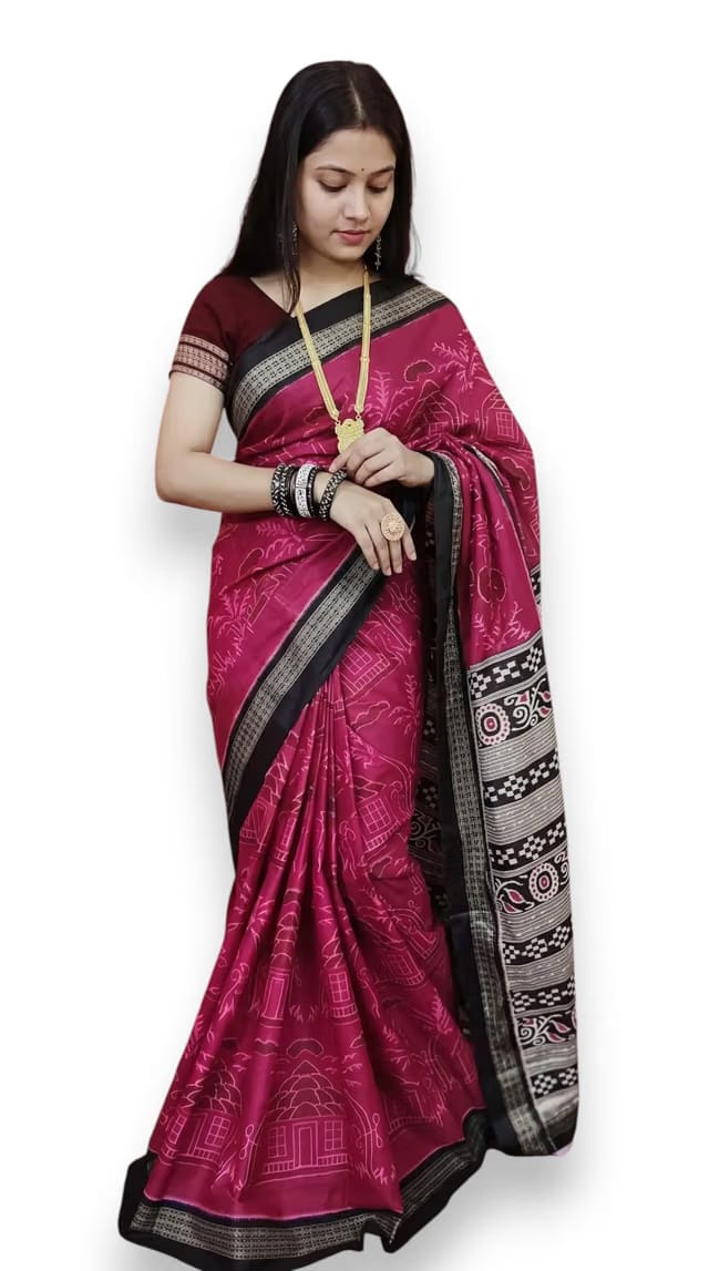 Pure Cotton Sambalpuri Saree for Women, Traditional Printed Saree with Black Border, Magenta Pink