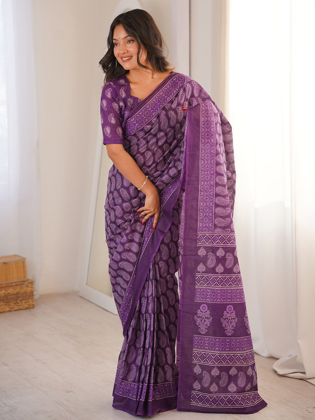 Anouk Paisley Pure Cotton Handloom Bagru Ready to Wear Saree