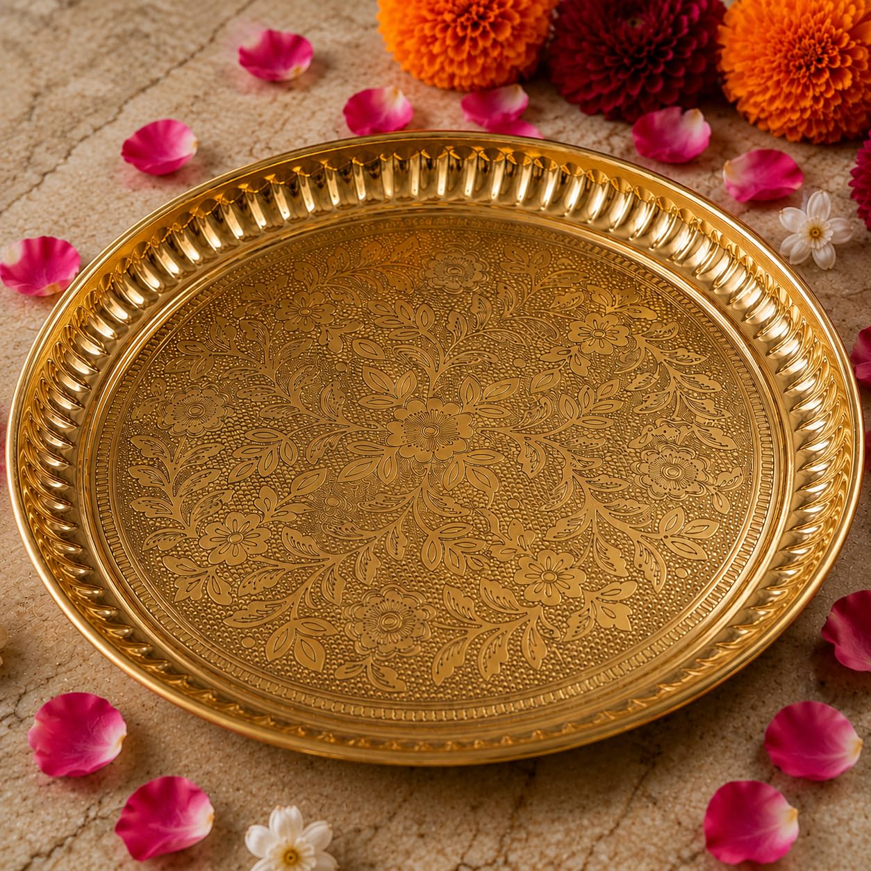 Pure Source India Handmade Flower Embossed Design Brass Puja Thali
