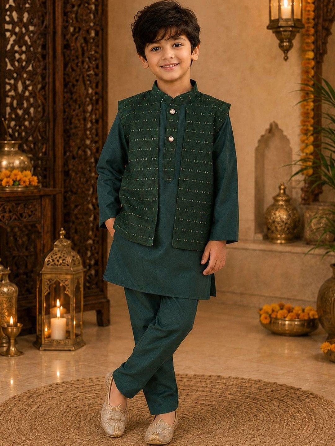 Superminis Boys Mandarin Collar Sequinned Kurta With Pyjamas & Nehru Jacket Set