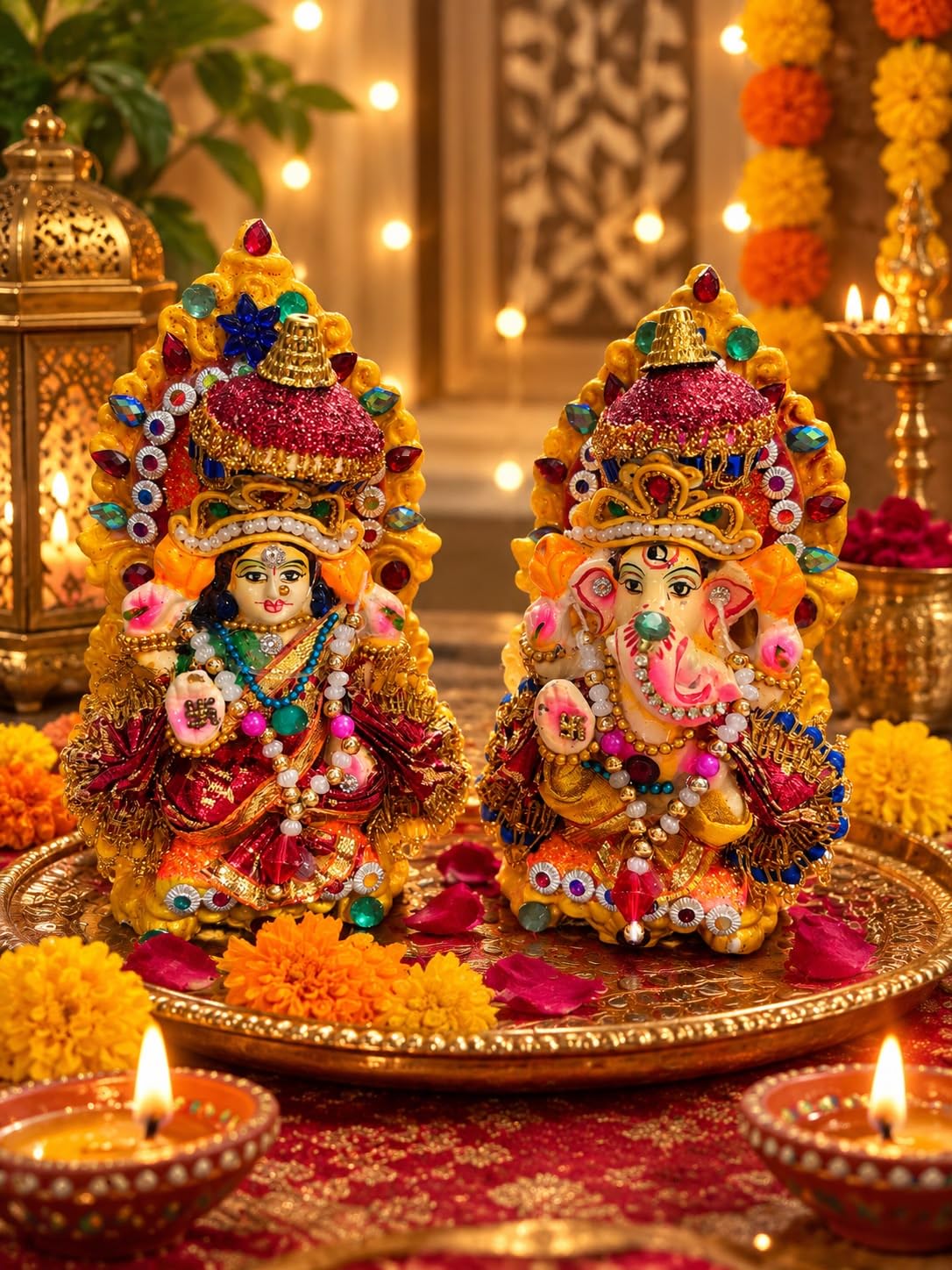 Handcrafted Laxmi Ganesh & Diya Combo Set of 10, Traditional Decorative Pooja Items for Home Temple