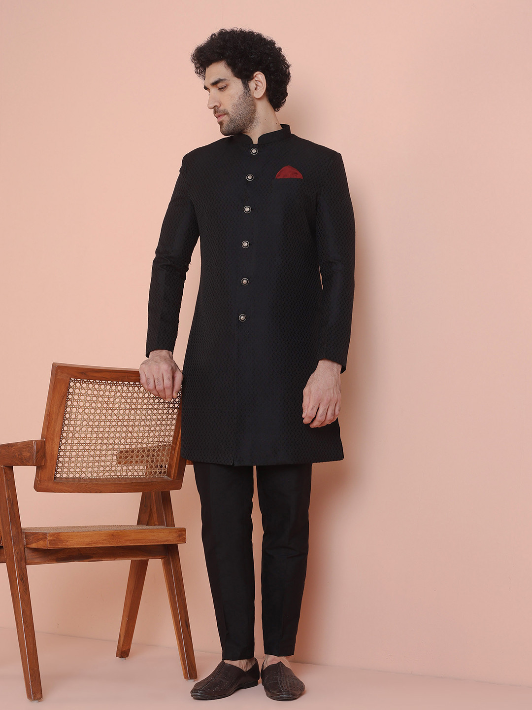 KISAH Men Black Self-Design Mandarin Collar Indowestern Sherwani Set