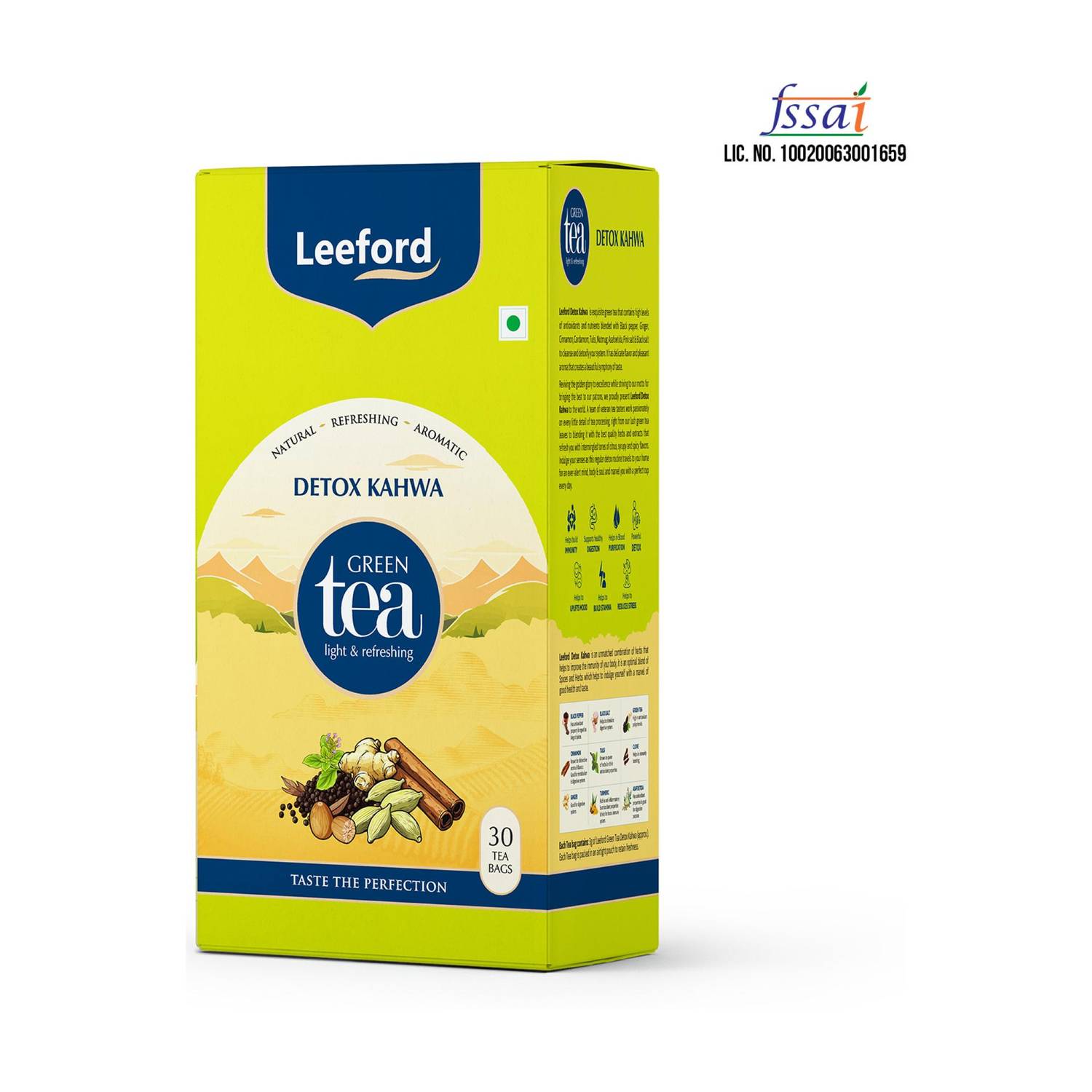 Leeford Detox Kahwa Green Tea|Spiced Herbal Blend for Digestion & Cleanse|30 Tea Bags Infusion Tea Bags Box
