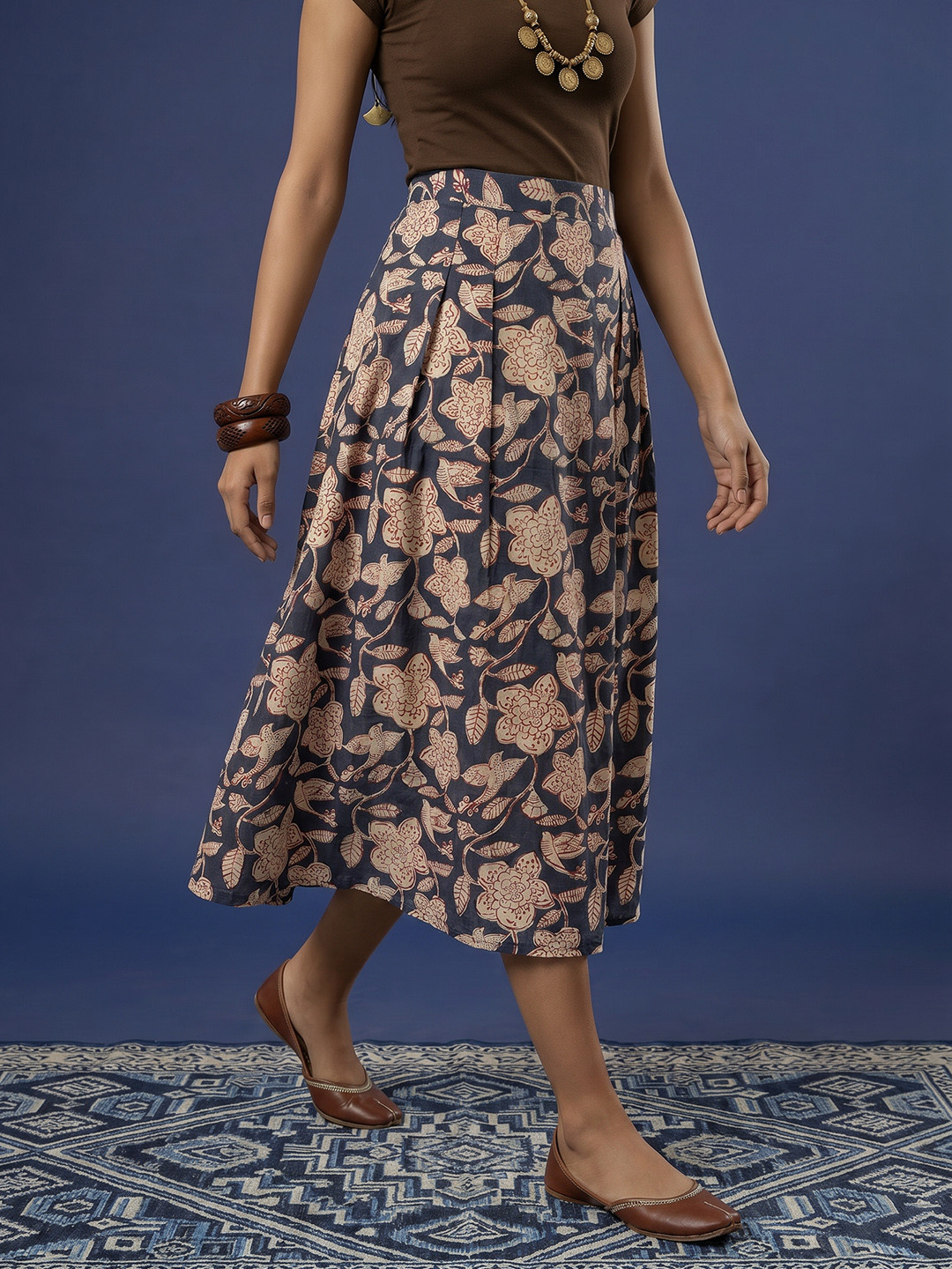 Taavi Women Kalamkari Pure Cotton Floral Midi A-Line Skirt