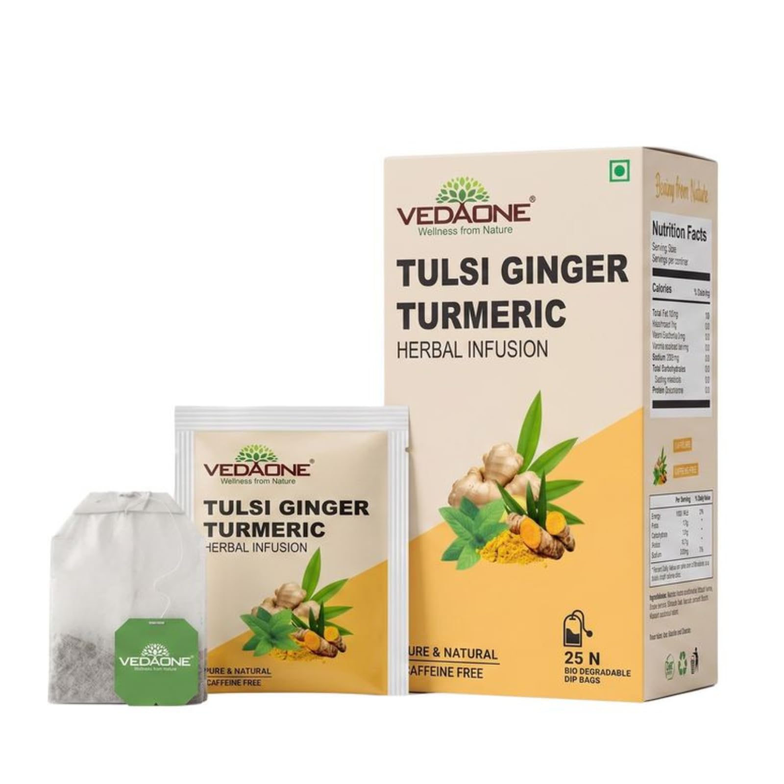 VEDAONE Tulsi Ginger Turmeric Herbal Infusion (25 Dip Bags)